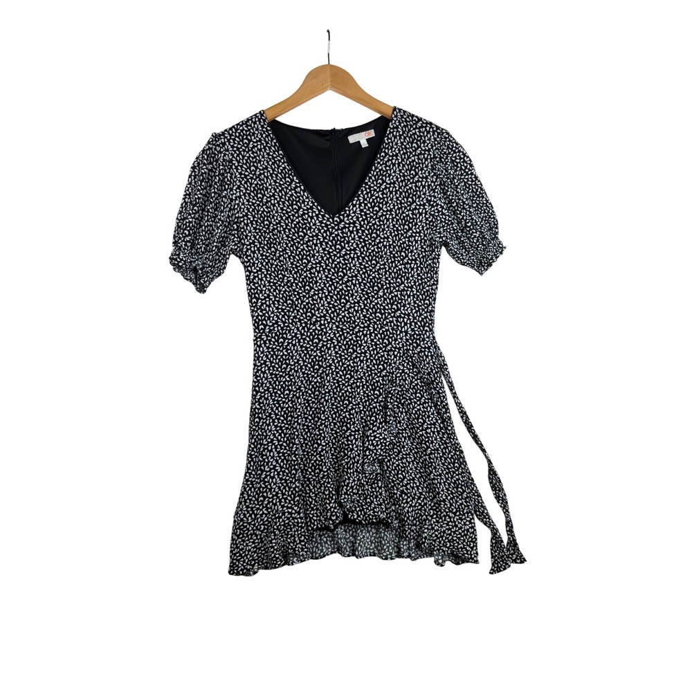 GB Printed V-neck Puff Sleeve Ruffle Faux Wrap Mini Dress size Small Black/White